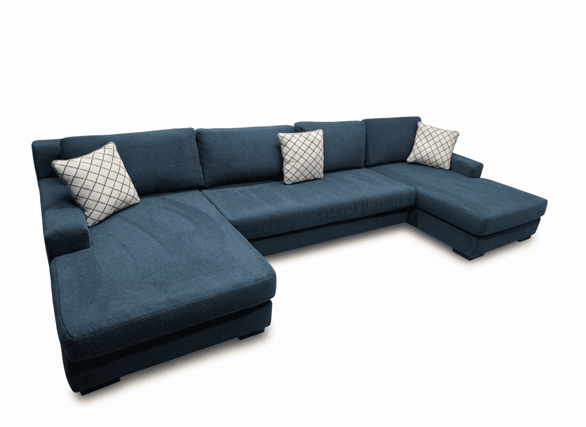 American Leather Montara crushed blue wool sectional on white background