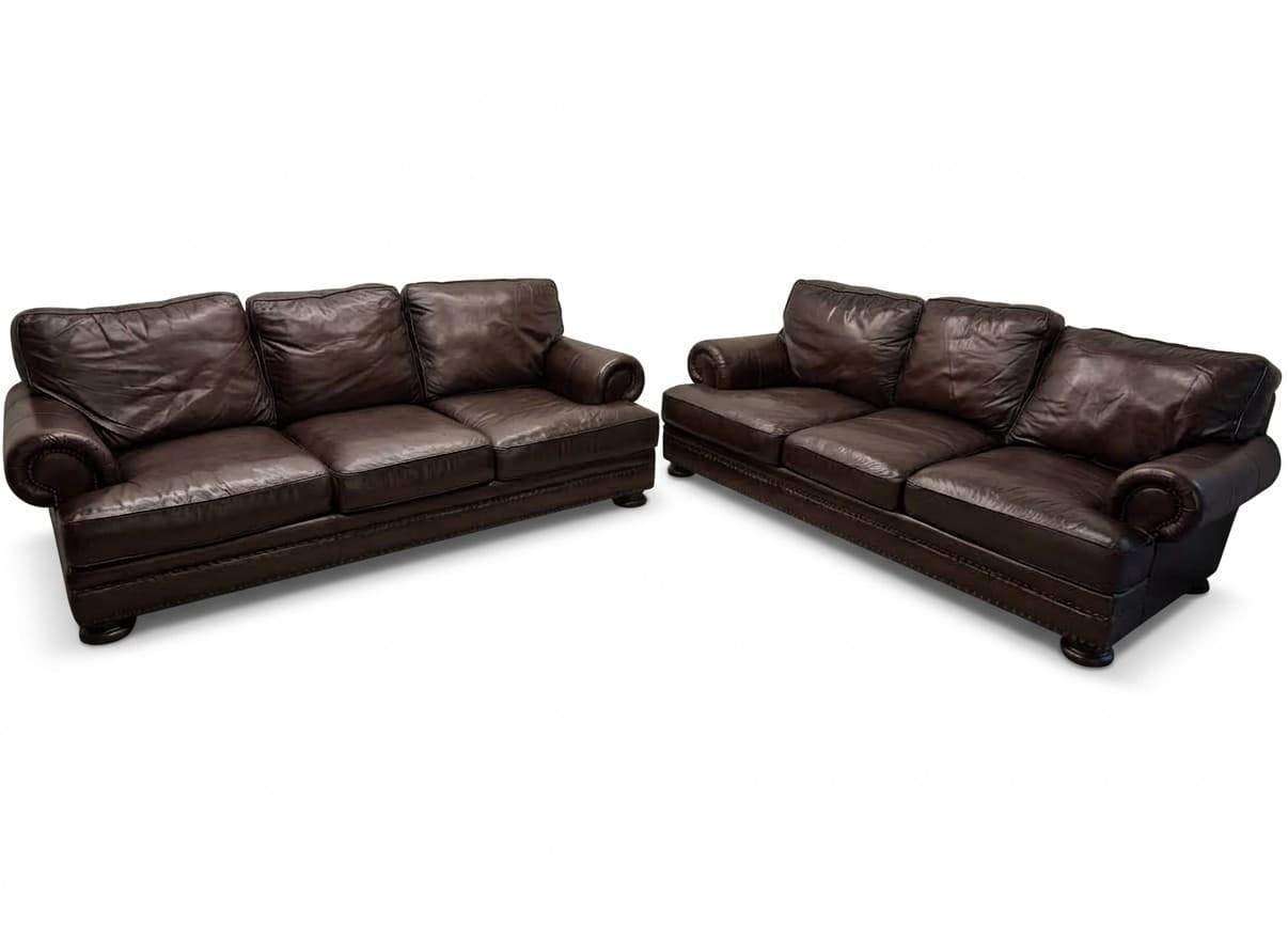 Bernhardt Foster brown leather sofa pair on white background