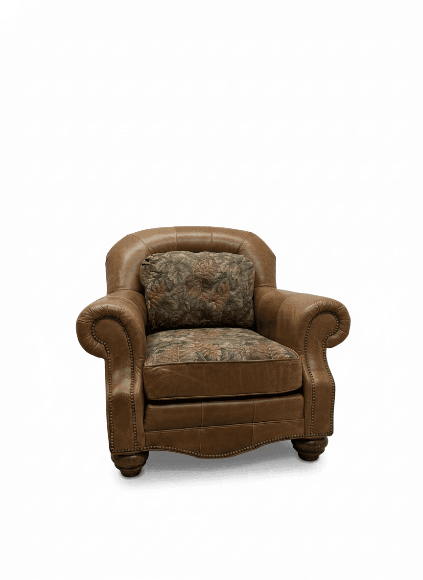 Clayton Marcus brown leather club chair on white background