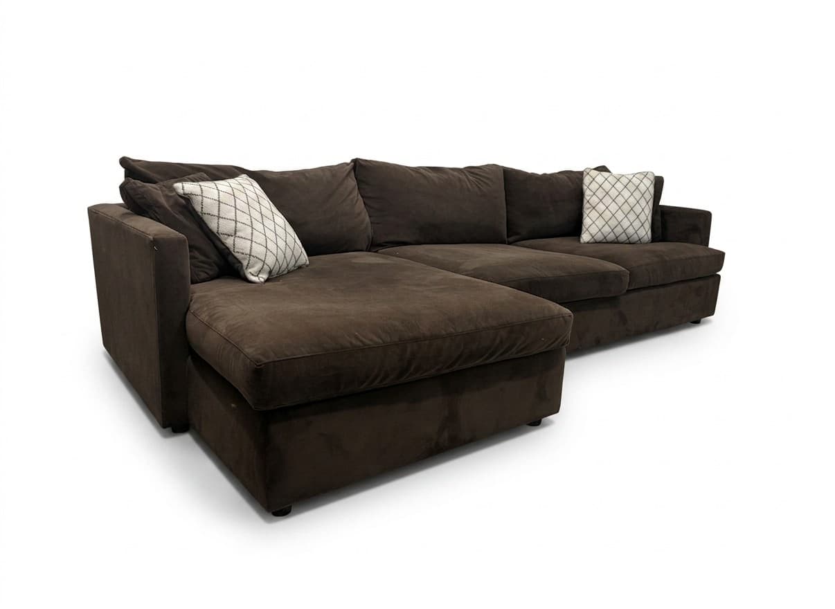 Crate & Barrel Lounge II 2-piece chaise sectional in brown velvet on white background