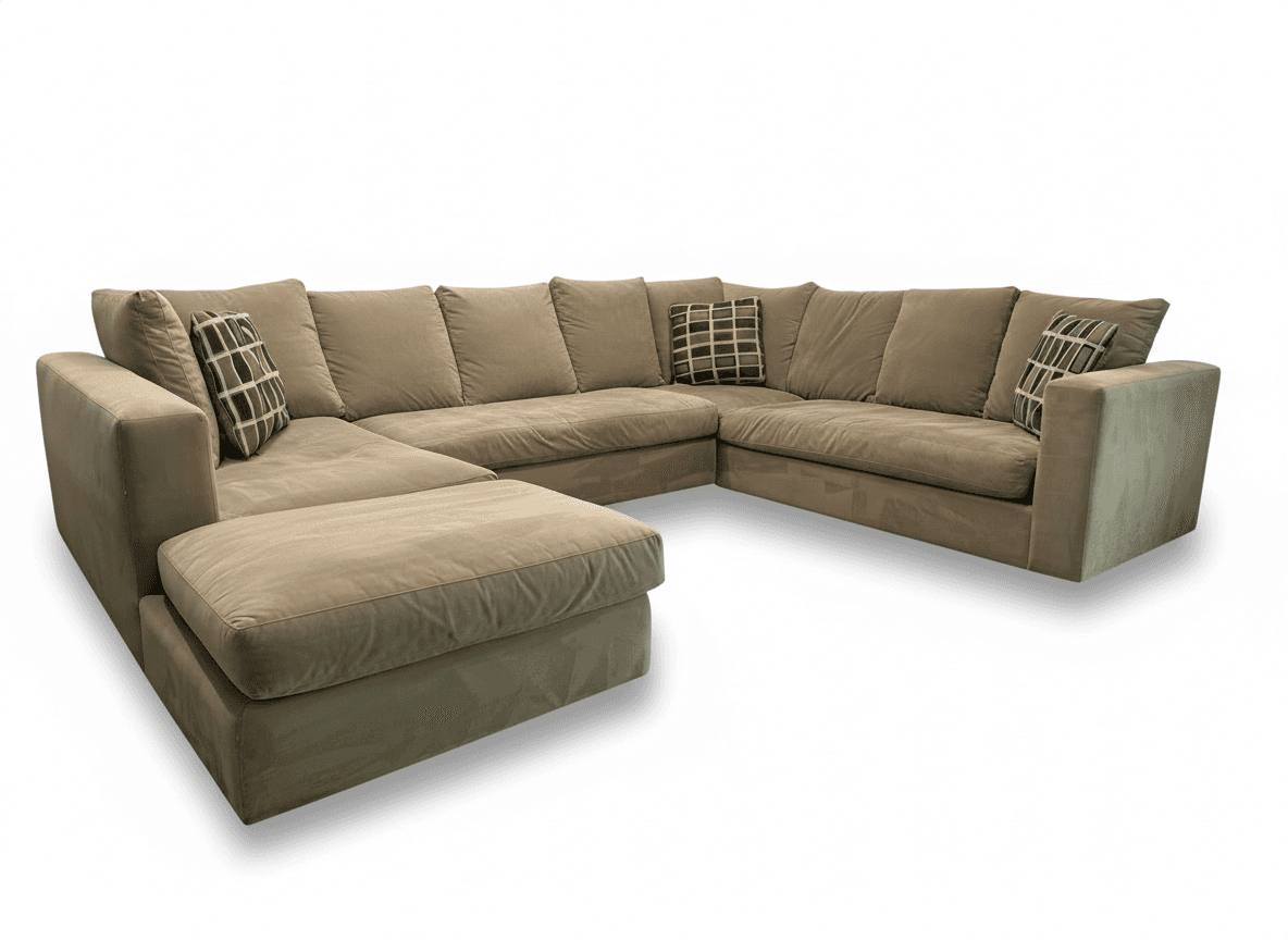 Lillian August tan microsuede U-shaped sectional on white background