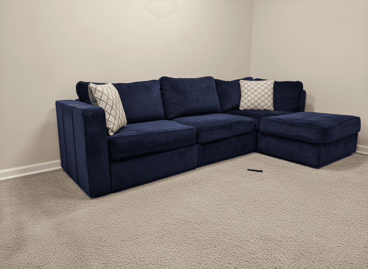 Lovesac Sactionals in sapphire navy corded velvet, L setup with ottoman, full view