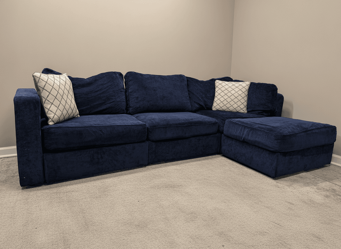 Navy velvet Sactionals from another angle