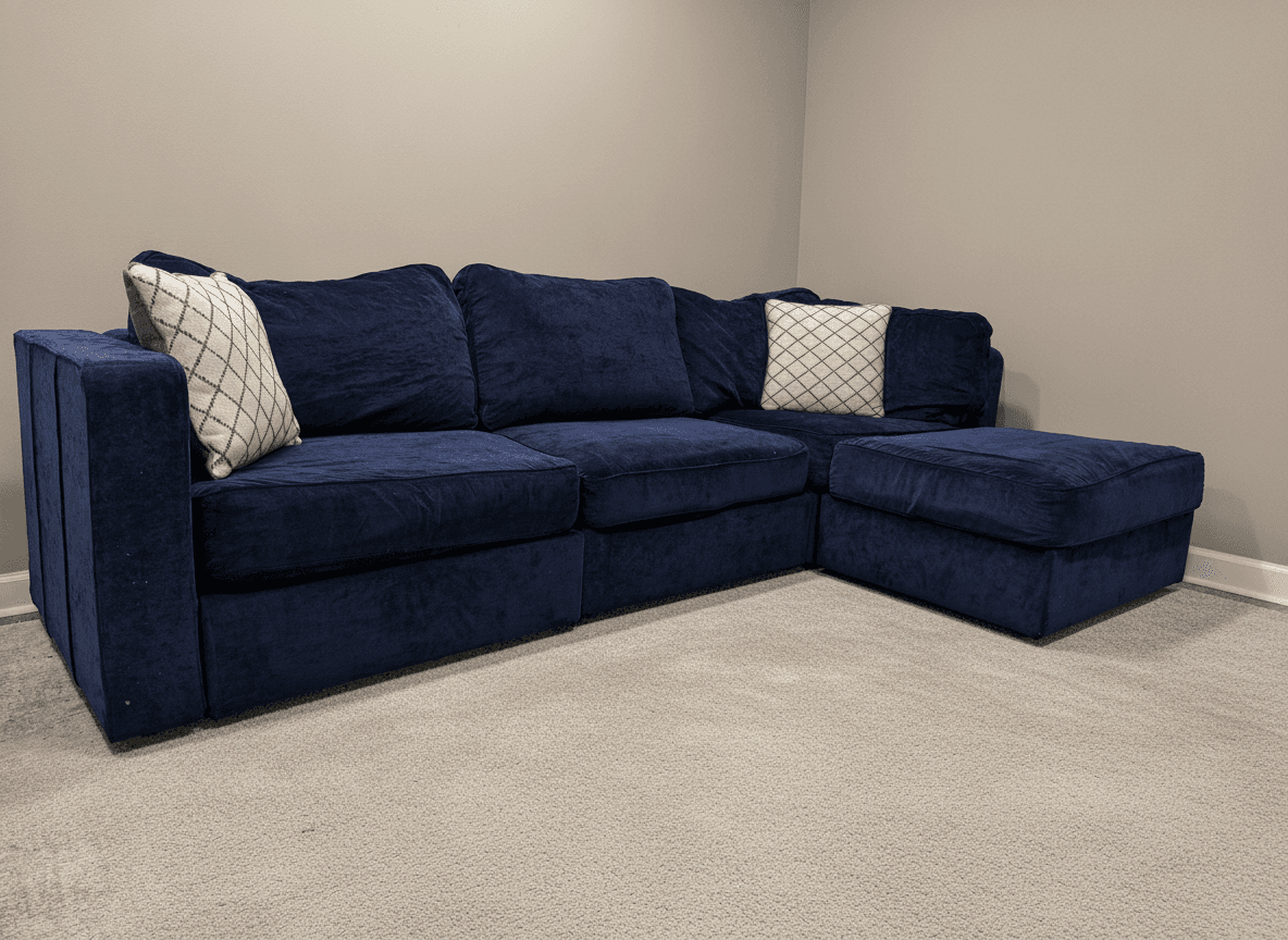 Navy velvet Sactionals, wide view