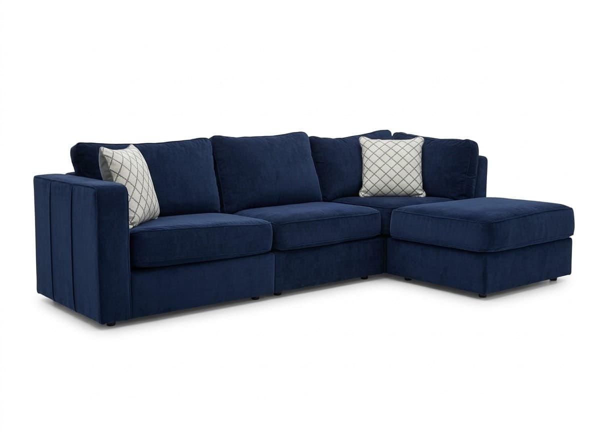 Lovesac Sactionals 4-seat modular sectional in sapphire navy velvet on white background