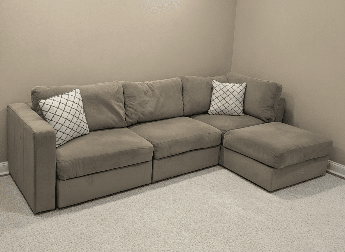 Lovesac Sactionals in taupe padded velvet, L setup with ottoman, full view