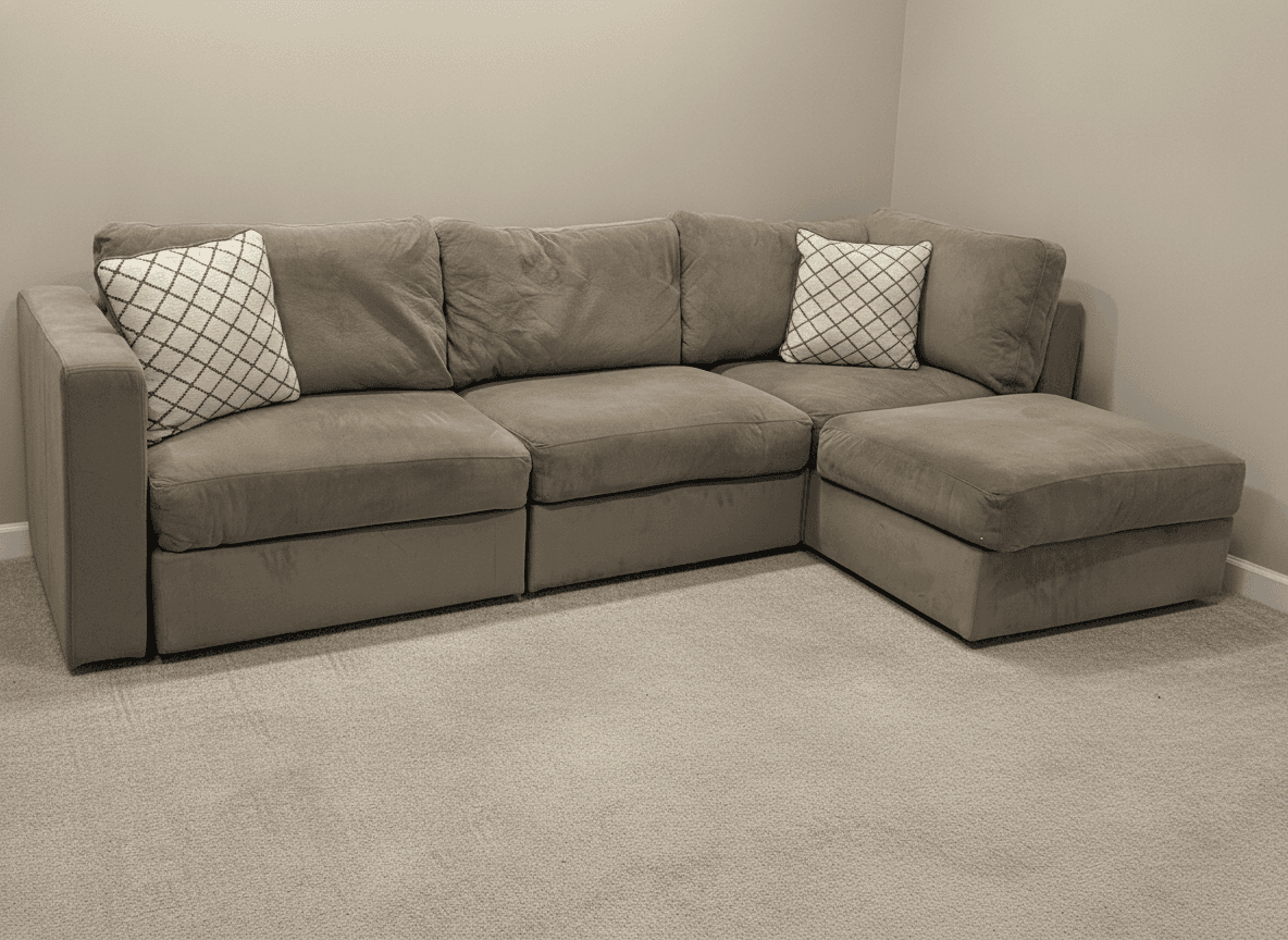 Taupe velvet Sactionals from another angle