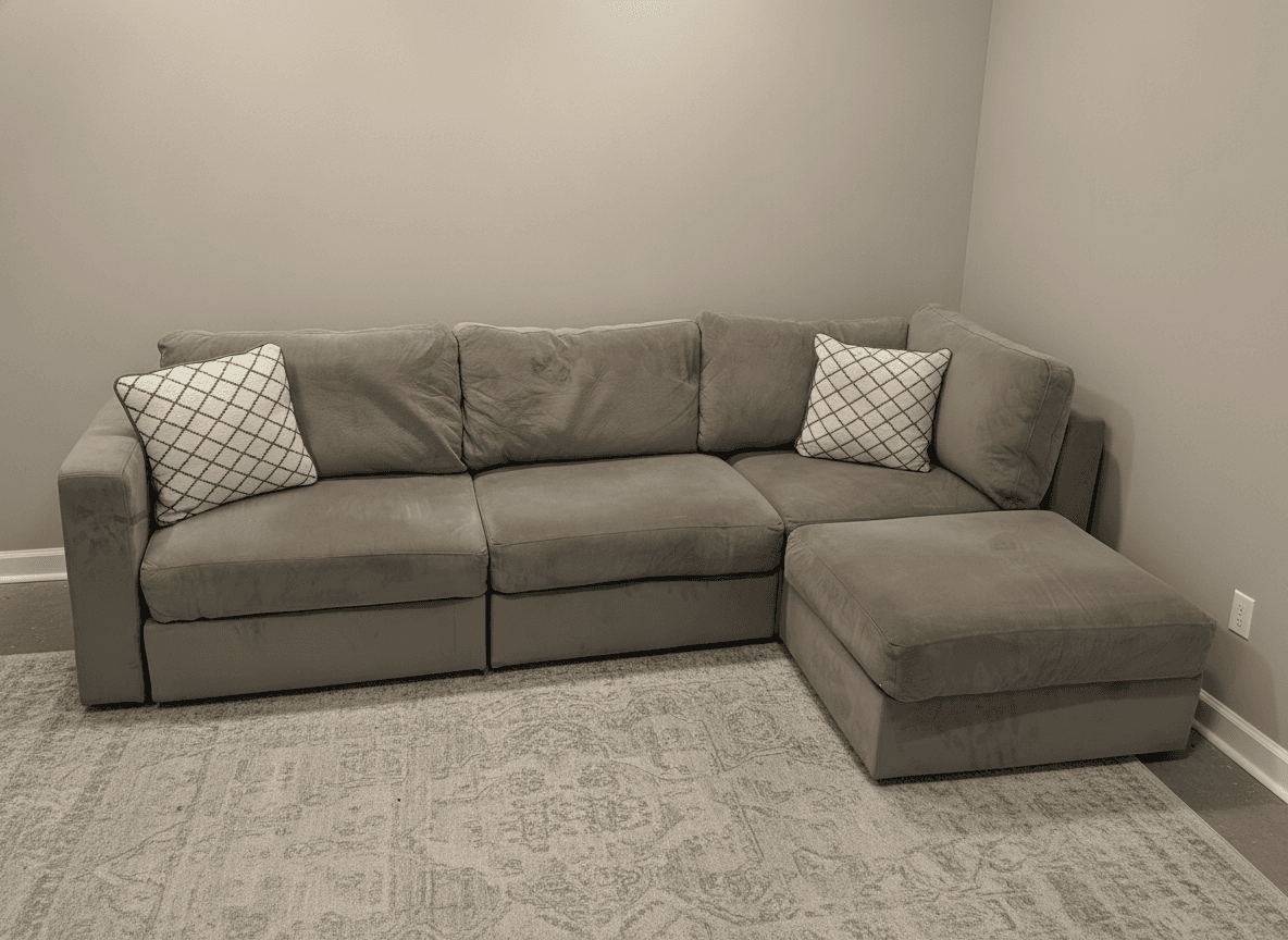 Taupe velvet Sactionals, wide view