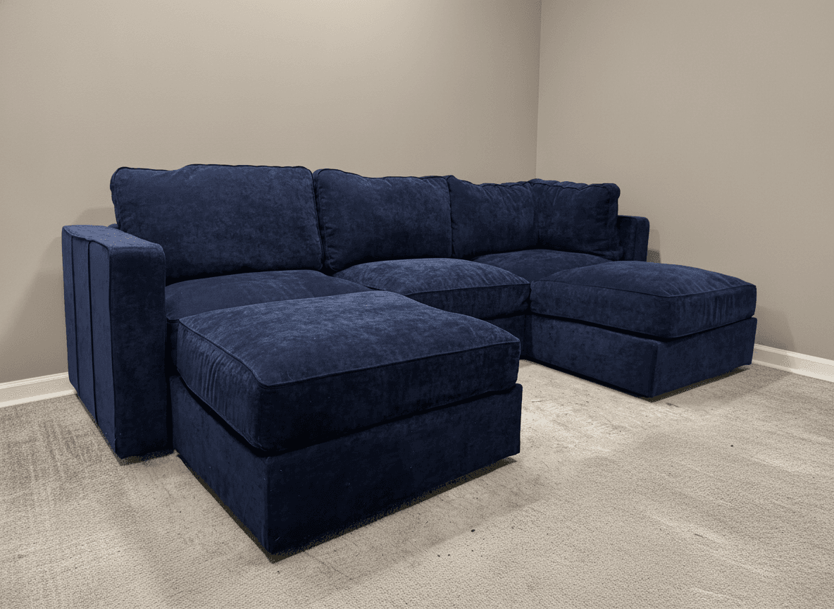 Lovesac Sactionals 5-seat U setup in midnight navy corded velvet, full view