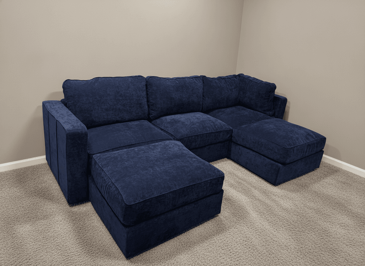 Navy velvet Sactionals from another angle