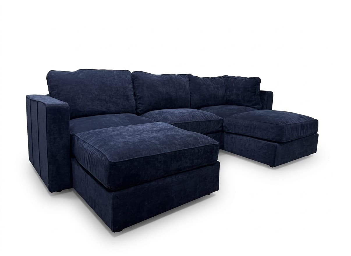 Lovesac Sactionals 5-seat U sectional in midnight navy corded velvet on white background