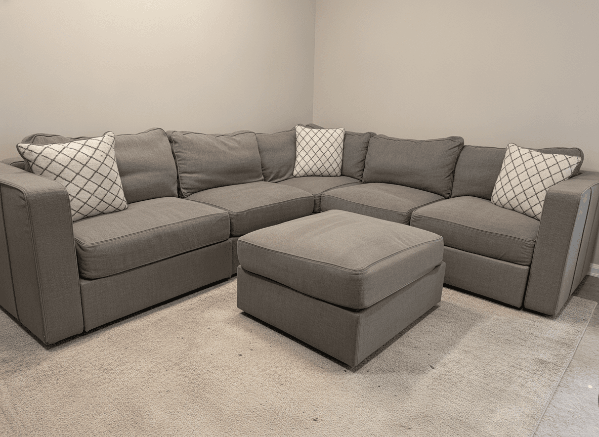 Lovesac Sactionals L-corner setup with storage ottoman, full view