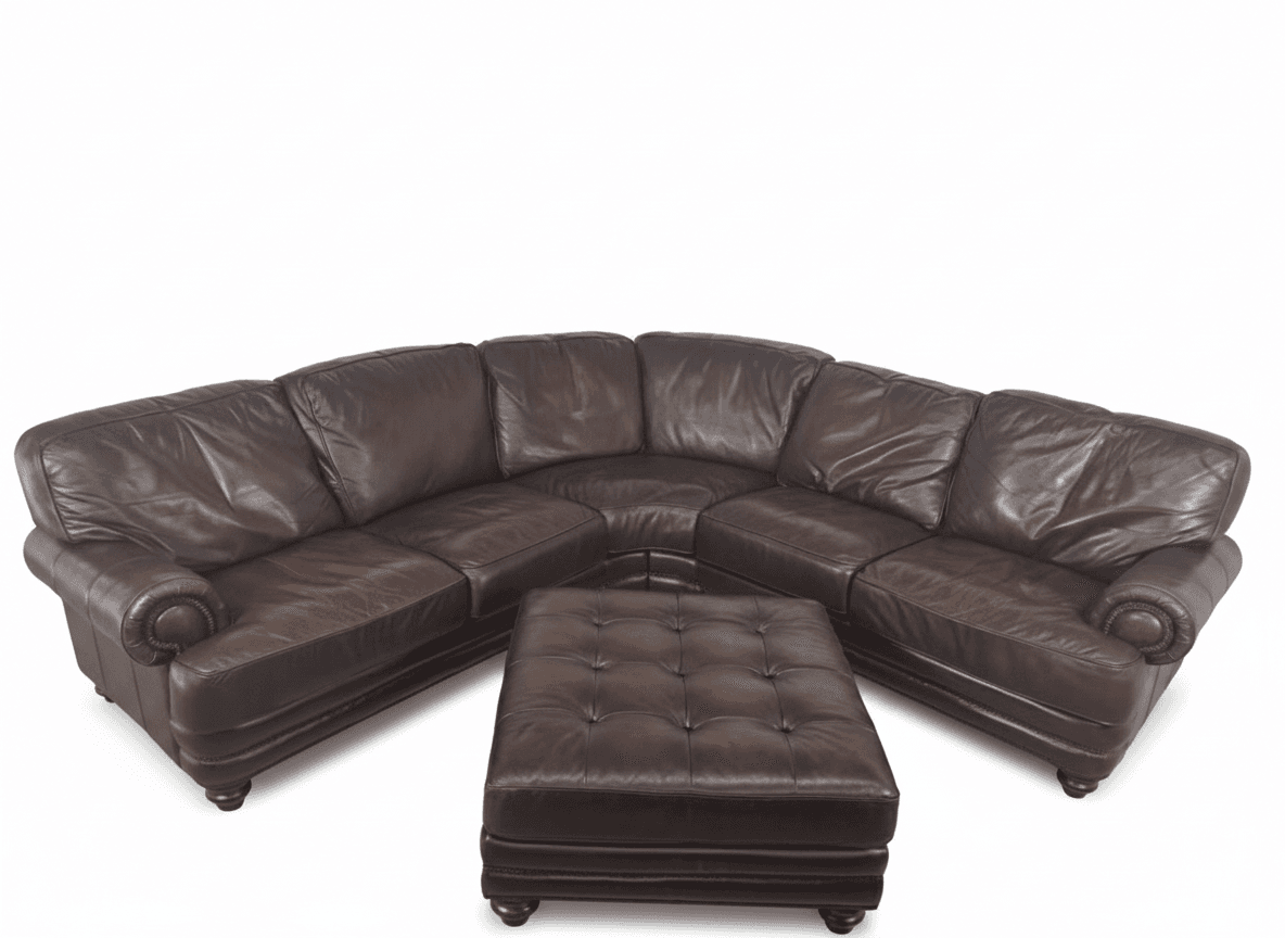 Macy's brown leather curved sectional on white background
