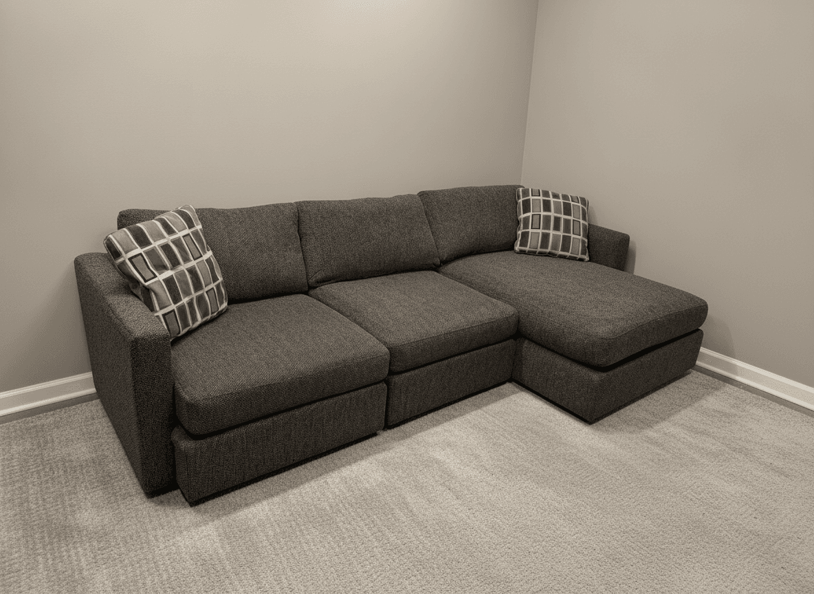 Brown tweed sectional from another angle