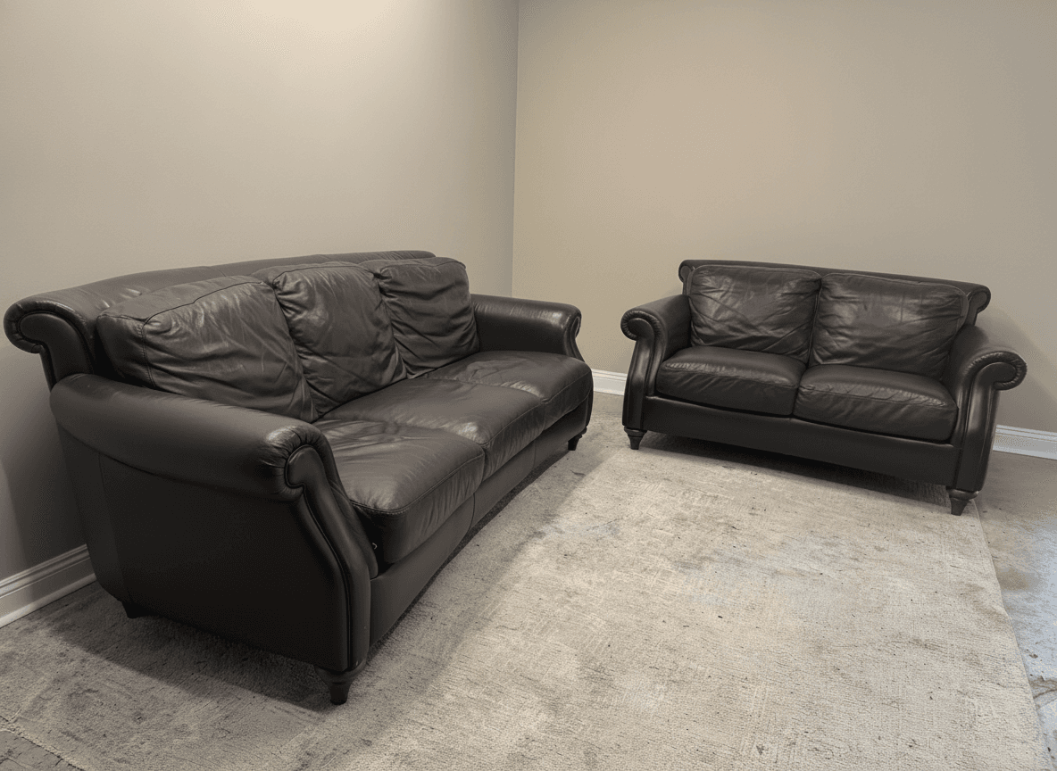 Natuzzi dark brown leather sofa and loveseat set, full view