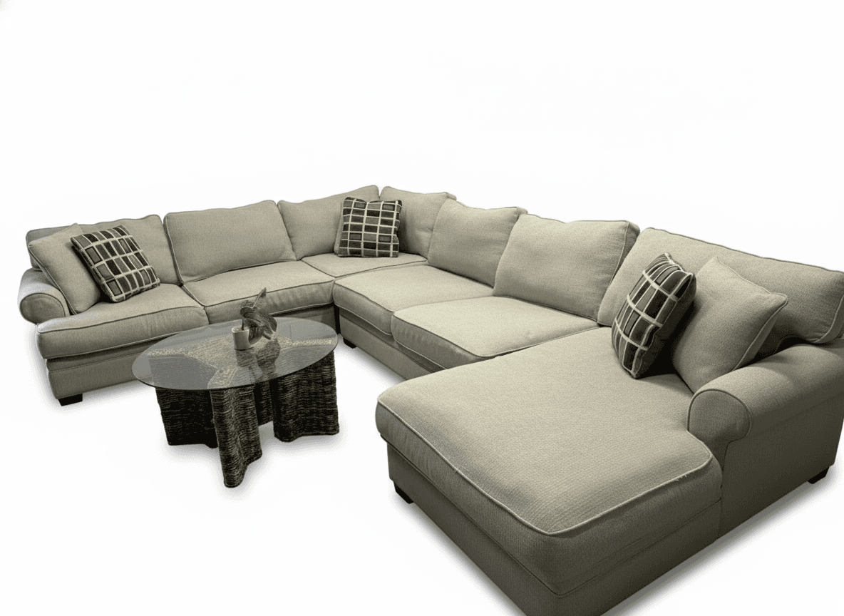 Raymour & Flanigan Wilkins beige sectional on white background
