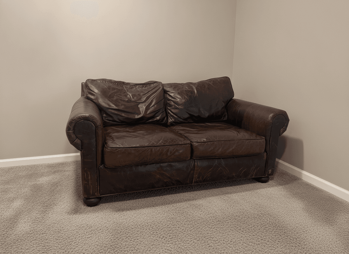 RH leather loveseat in distressed brown, front view