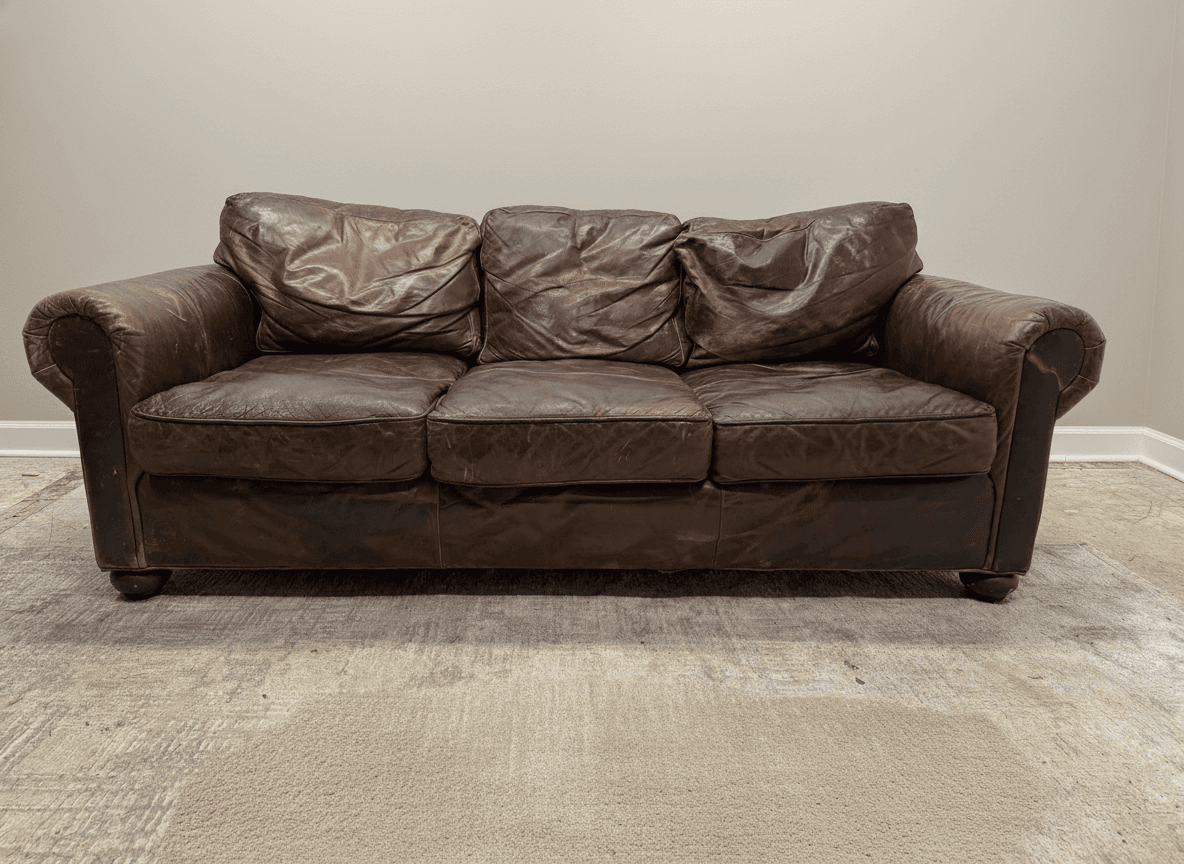 RH Lancaster leather sofa in distressed brown, front view