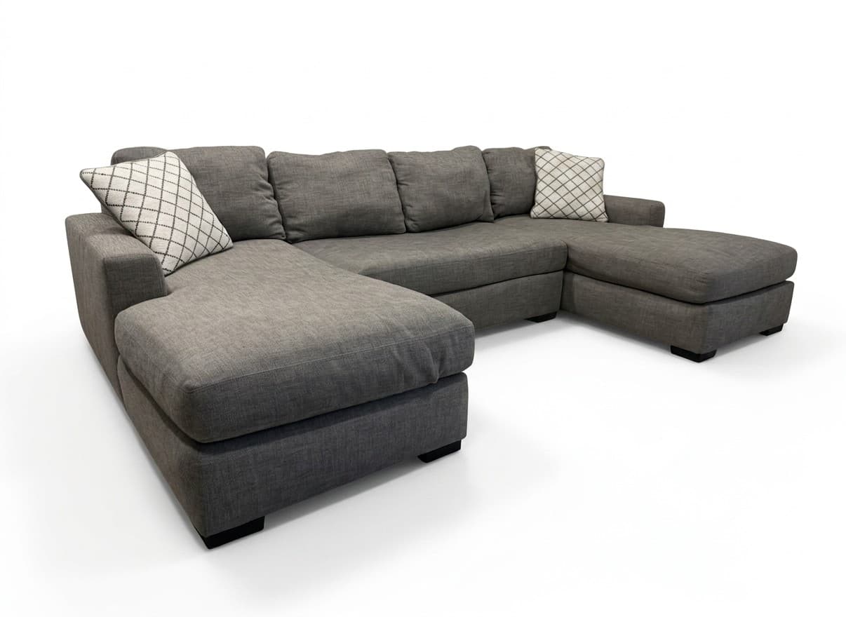 RH Maxwell double-chaise U-sectional in gray on white background