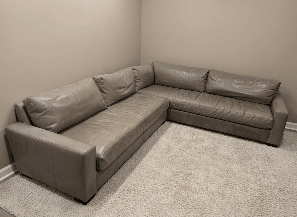 Gray leather Maxwell sectional from another angle