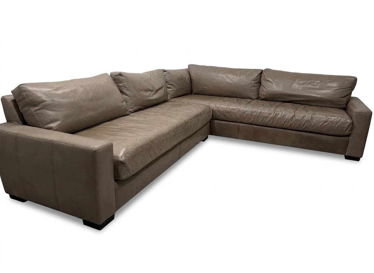 RH Maxwell gray leather L-sectional on white background