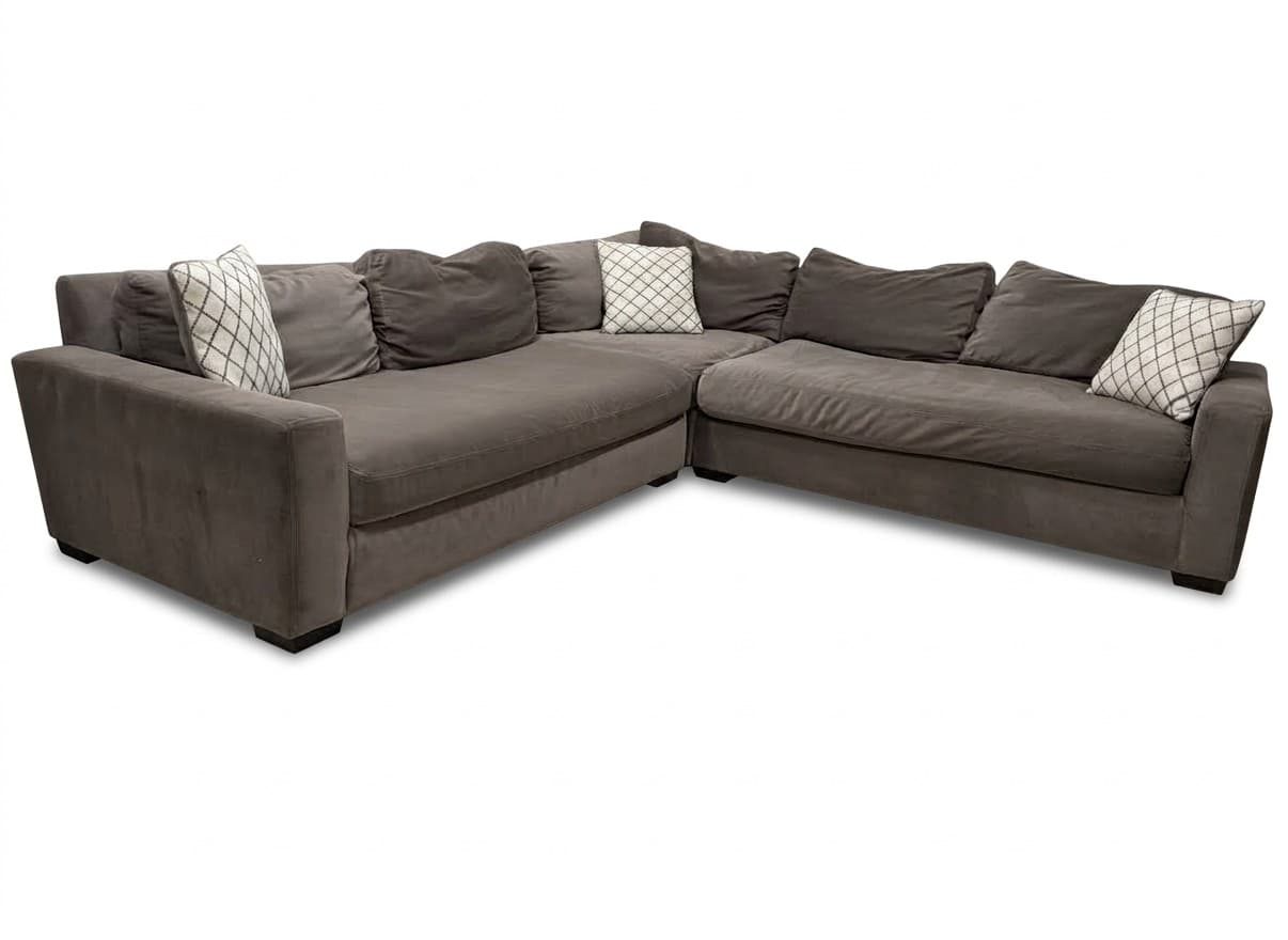 RH Maxwell Luxe 3-piece L-sectional in gray on white background