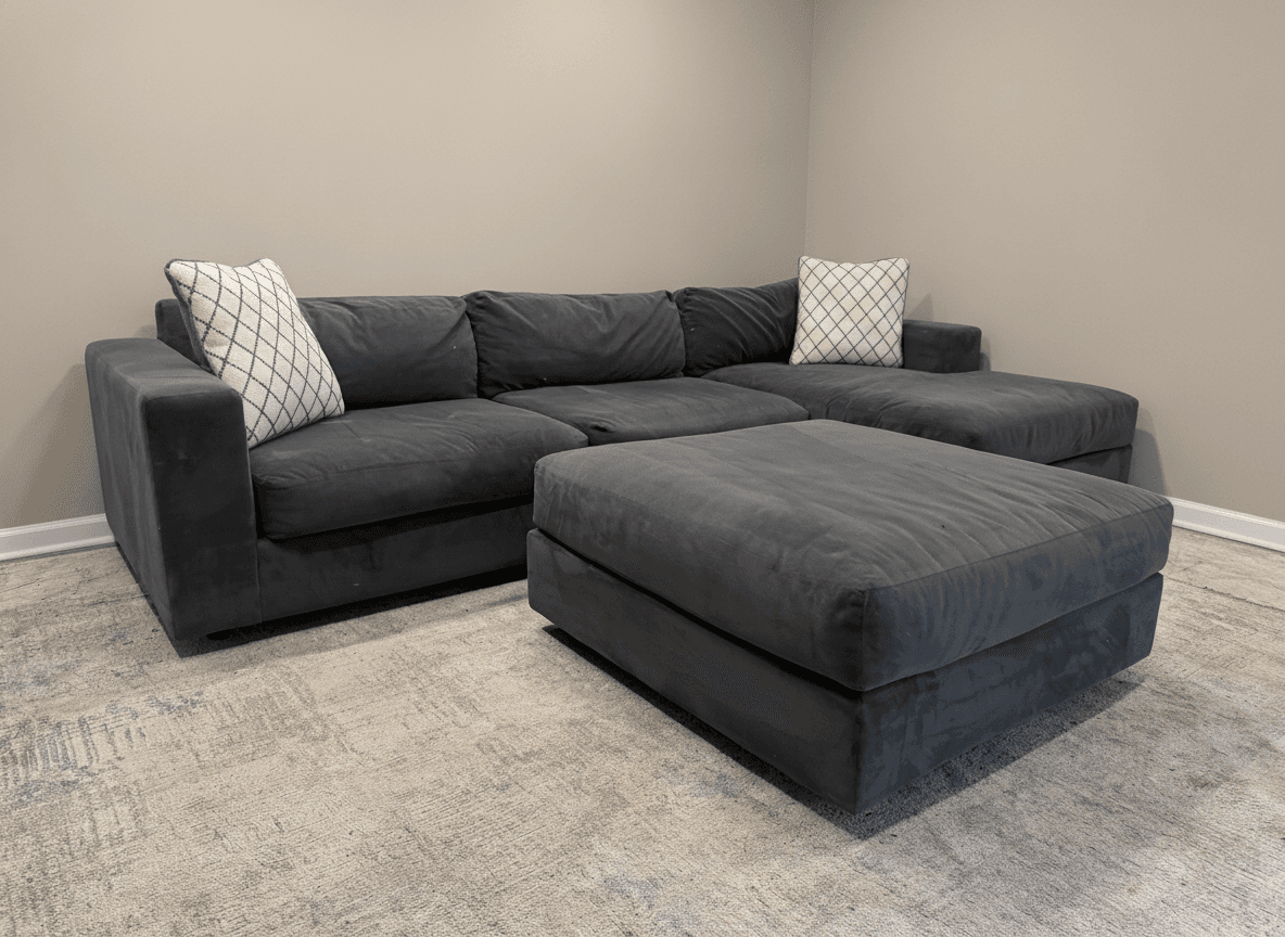 West Elm Urban charcoal velvet sectional with ottoman, full view