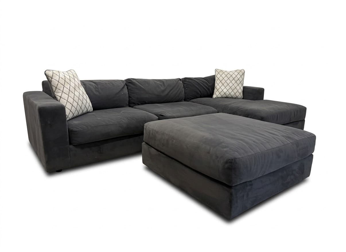 West Elm Urban 2-piece chaise sectional with ottoman in charcoal velvet on white background