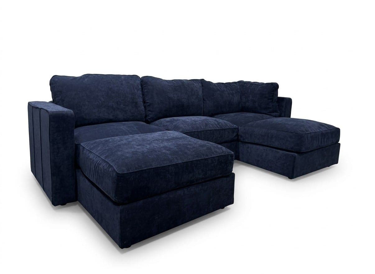 Lovesac Sactionals 5-seat U sectional in midnight navy corded velvet on white background